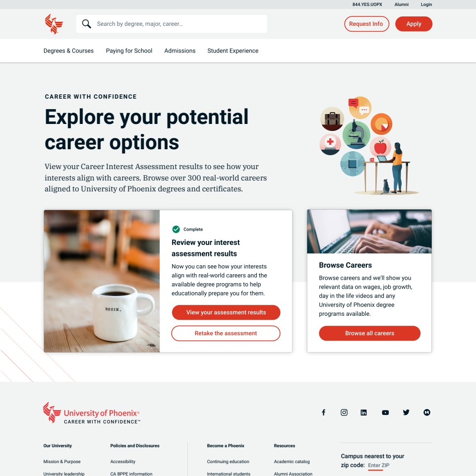 Career Hub interface with assessment results and career exploration